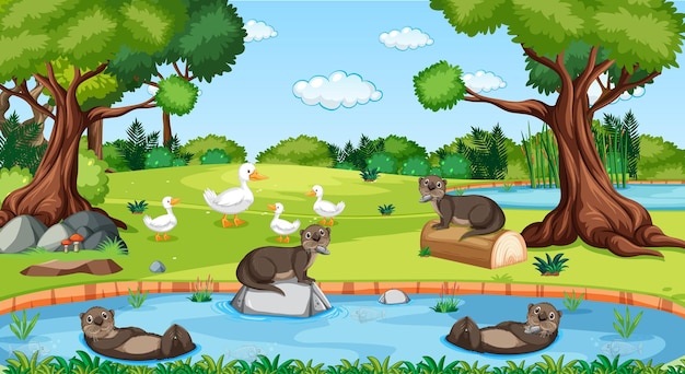 Free Vector river in the forest with otters and ducks