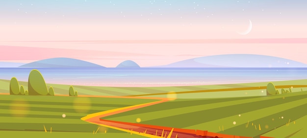 River green fields and hills on horizon in early morning Vector cartoon illustration of summer landscape with countryside lake or sea strait road and moon in sky