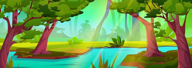 River in jungle forest vector tropical landscape background Flowing stream water cartoon nature illustration with green grass and wild amazon scenery Rainforest game scene design with sun beam