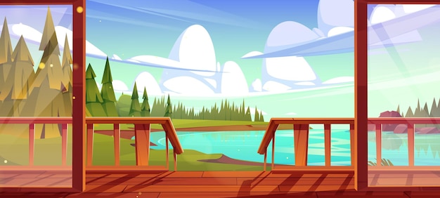 Free Vector river landscape view from wooden patio vector cartoon illustration of open glass door on house porch evergreen fir tree forest near clear lake water clouds in sunny sky beautiful scenery vacation