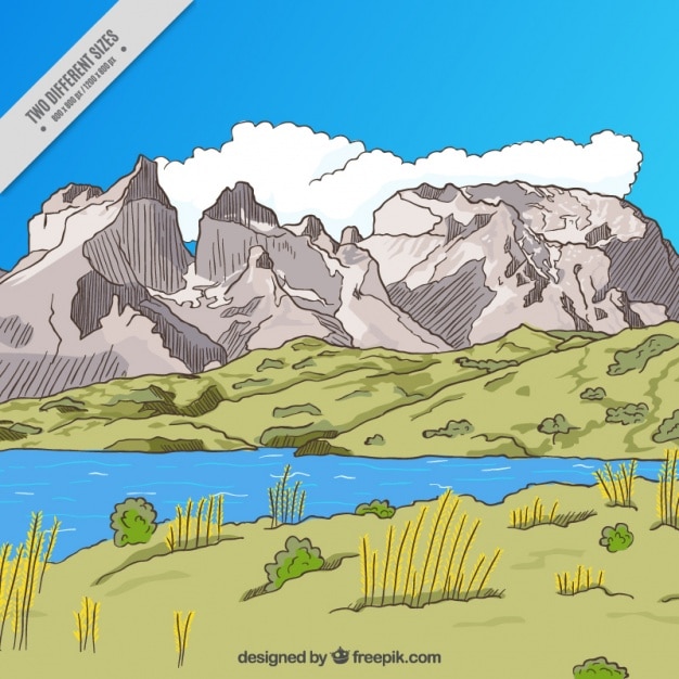 Free Vector river with mountains background