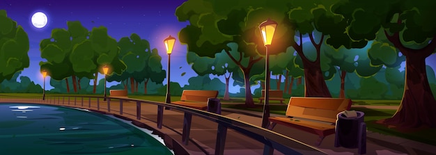 Free Vector riverside night park with benches and light posts