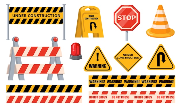 Road barriers set. Warning and stop signs, under construction boards, yellow tape and cone. Flat vector illustrations for roadblock, roadwork, traffic barricade concept.