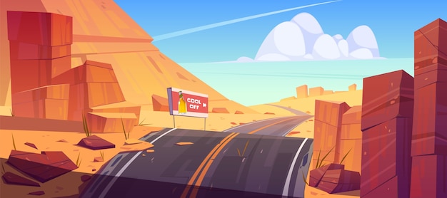 Road and billboard in desert with red rocks.