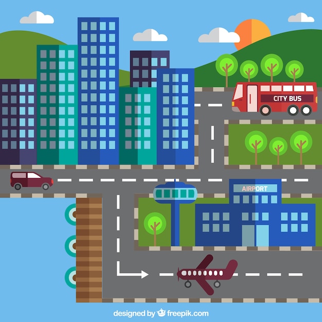 Free Vector road and buildings background in flat design