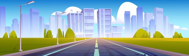 Free Vector road to city with buildings and skyscrapers on skyline. vector cartoon illustration of summer landscape with empty highway, street lights, green grass, trees and modern town on horizon