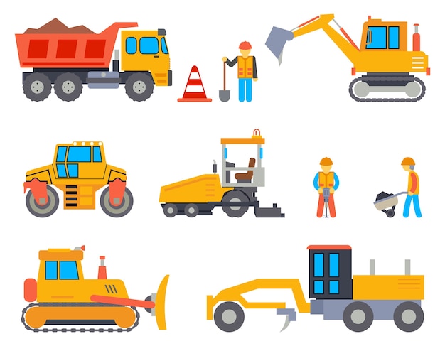 Road under construction flat icons set. Car industry, road work, machine and paver, transportation industrial, vector illustration