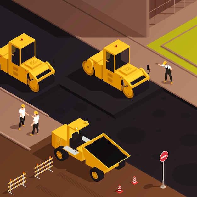 Road construction isometric composition with outdoor view of city street with characters of workers and machinery illustration