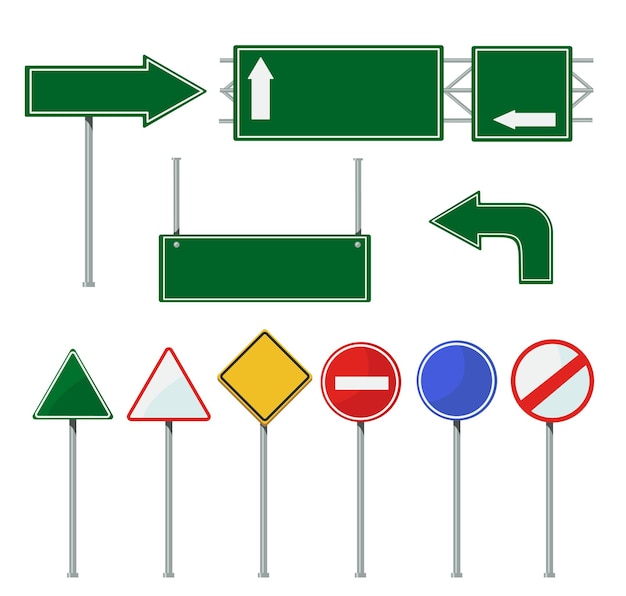 Road direction signs on poles set