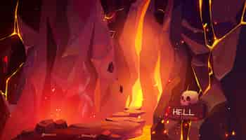 Free vector road to hell, infernal hot cave with lava and fire