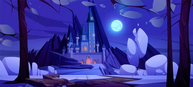 Free Vector road to magic castle at night, fairytale palace