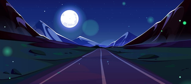 Free Vector road and mountain cartoon night landscape dark blue sky and full moon under straight way to horizon empty summer journey path scene with alps glowworms asphalt freeway and mountains panoramic view