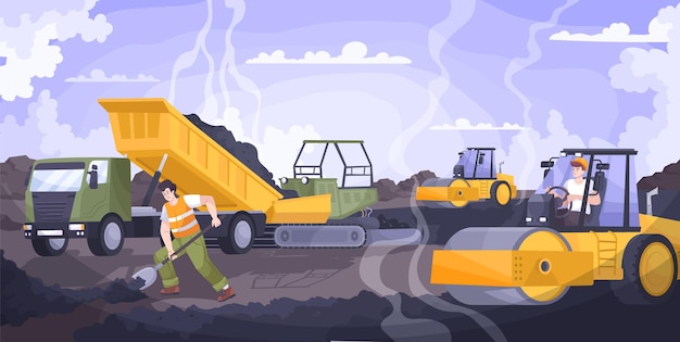 Free Vector road paving flat composition with workers laying asphalt and working on machines