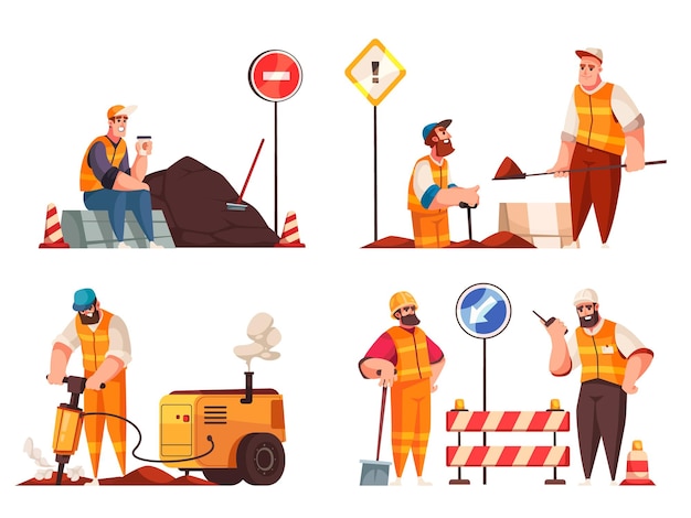 Free Vector road repair 2x2 design concept set of  male characters working with jackhammer and shovel cartoon compositions flat vector illustration