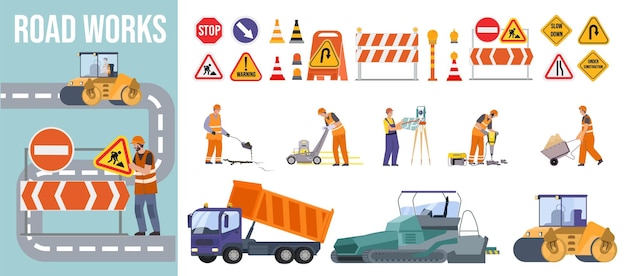 Free Vector road repair flat composition consisting of heavy equipment road signs and people performing geodetic and road works vector illustration