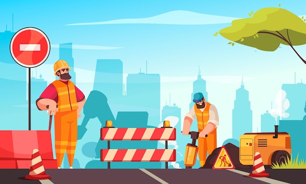 Free Vector road repair flat composition with builders characters working with jackhammer cartoon vector illustration