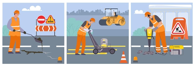 Free Vector road repair flat square illustrations with workers performing road works using maintenance equipment vector illustration