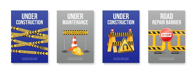 Free Vector road repair realistic vertical poster set with under construction signs tapes and barriers isolated vector illustration