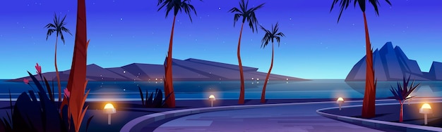 Road on sea beach with palm trees and rocks in water at night. Vector cartoon illustration of tropical landscape with highway, ocean shore with grass, flowers and mountains at evening