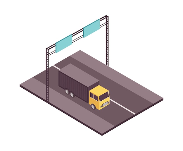 Free Vector road set isometric composition with view of motorway with moving truck and traffic signs on frame vector illustration