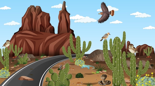 Road through the desert forest landscape scene with desert animals