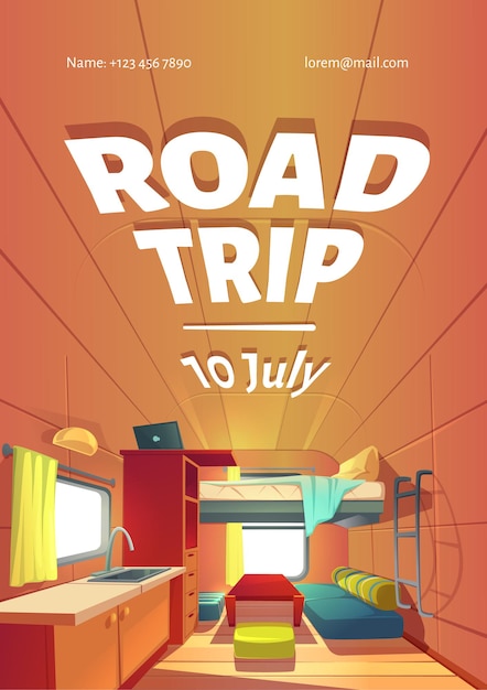 Road trip ad poster with camping trailer car interior