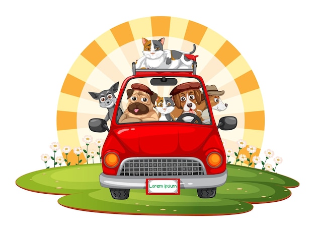 Road trip concept with domestic animals in a car