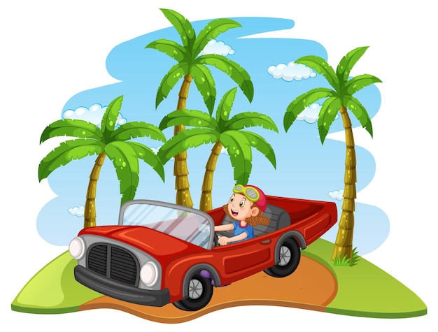 Road trip concept with kids driving classic convertible car