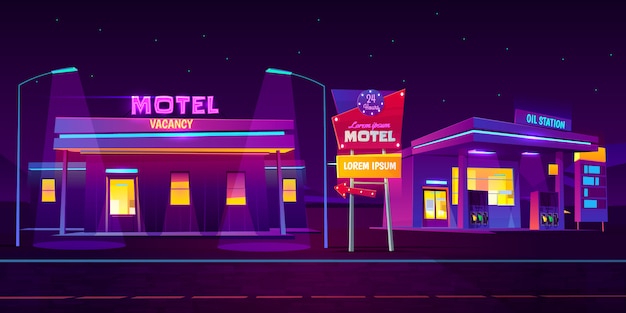 Roadside motel with car parking and oil station glowing at night with bright neon illumination background