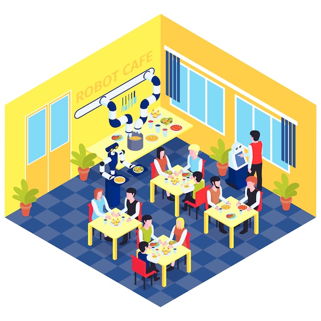 Free Vector robot automation composition with view of robotized cafe interior with people at tables served by robots vector illustration