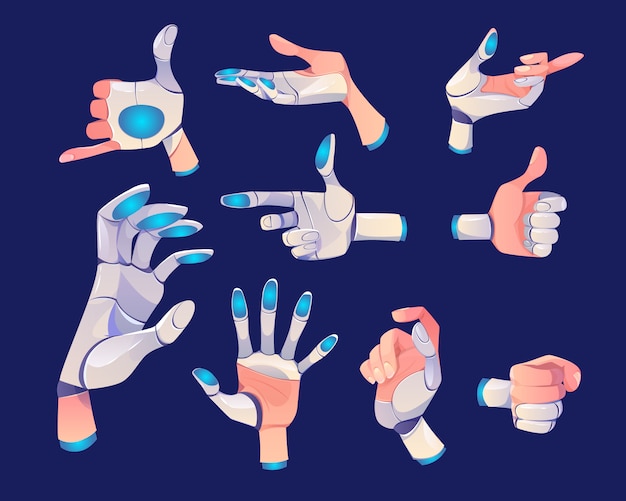 Robot or cyborg hand in different gestures