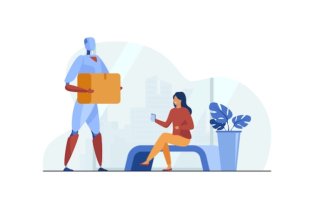 Robot delivering parcel to woman flat illustration.