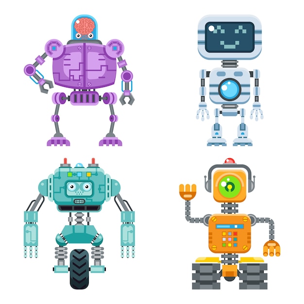 Free vector robot flat icons  set. machine technology ai, intelligence artificial cyborg, science robotic