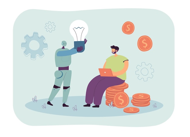 Free Vector robot giving light bulb to businessman. man sitting with laptop on money coins flat vector illustration. finance, help of artificial intelligence concept for banner, website design or landing web page