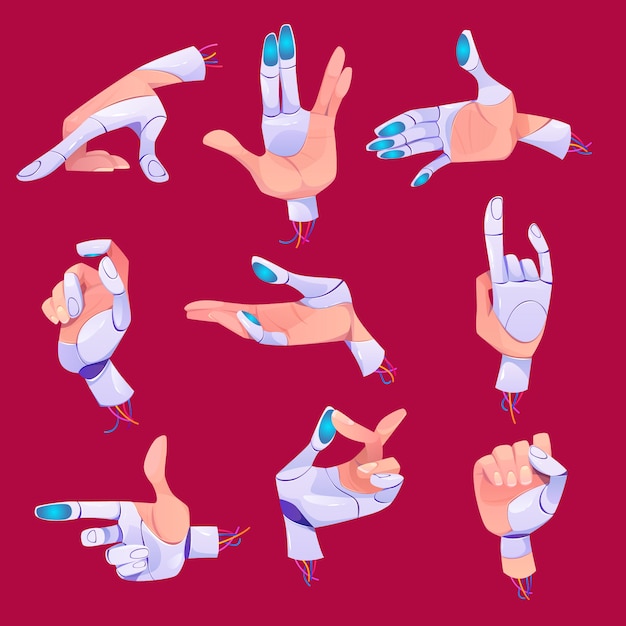 Robot hand gestures in different positions set.