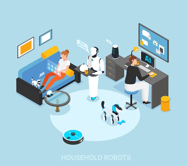 Robot integrated smart home with programmed humanoid cooking serving meals cleaning learning tasks isometric composition