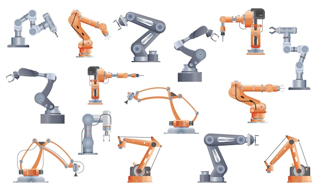 Free Vector robot manipulator arm set of isolated icons and realistic images of various models of industrial arms vector illustration