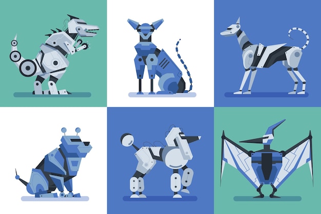 Robot toy animal square compositions set with images of pet and bird shaped hi-tech droids vector illustration