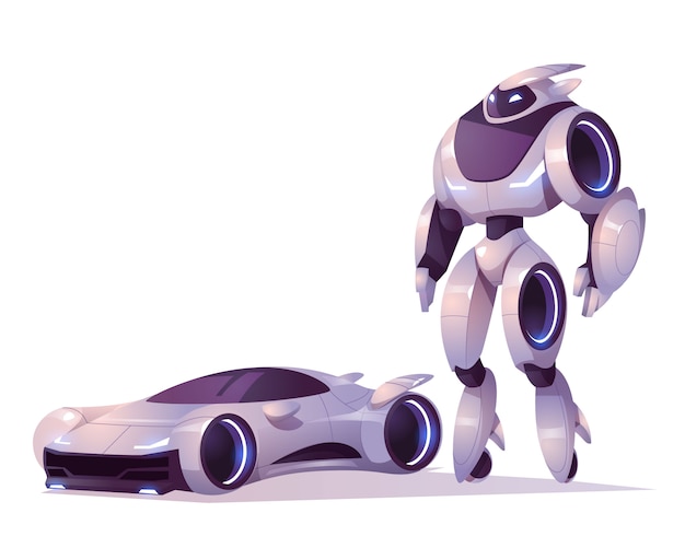 Free Vector robot transformer in form of android and car isolated. vector cartoon illustration of futuristic cyborg, mechanical soldier, cyborg character