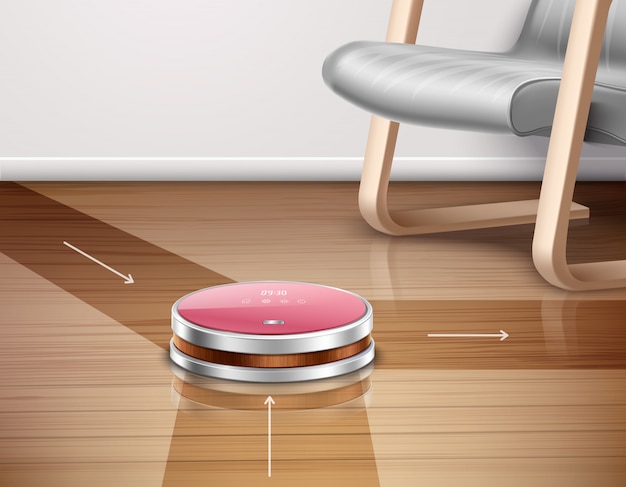 Free Vector robot vacuum cleaner in work with direction of movements on parquet floor