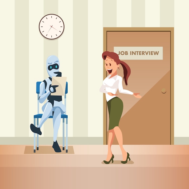 Robot Wait for Job Interview at Door in Corridor