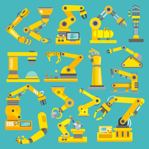 Free Vector robotic arm manufacture technology industry assembly mechanic flat decorative icons set isolated vector illustration