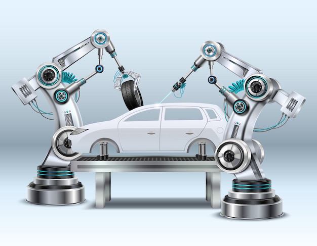 Robotic arms in car assembly line manufacturing process in automotive industry realistic composition closeup image