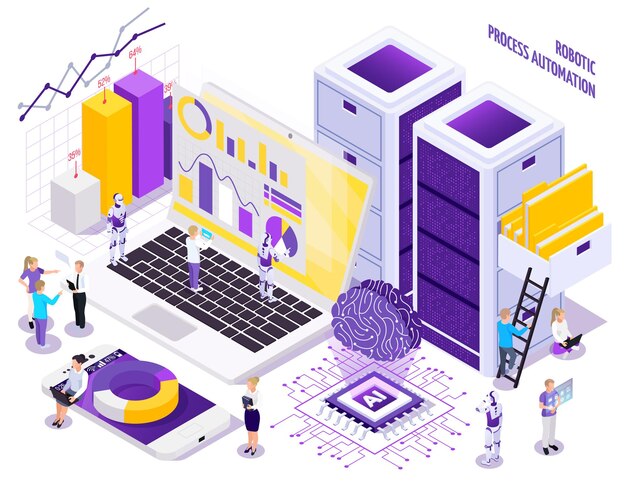 Robotic process automation isometric composition with little human characters and s of office workspace essential elements  illustration