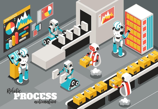 Robotic process isometric illustration with automation and reliability symbols