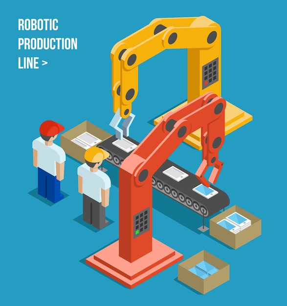 Robotic production line. Manufacturing and machine, automation and robotic and industry. Vector illustration