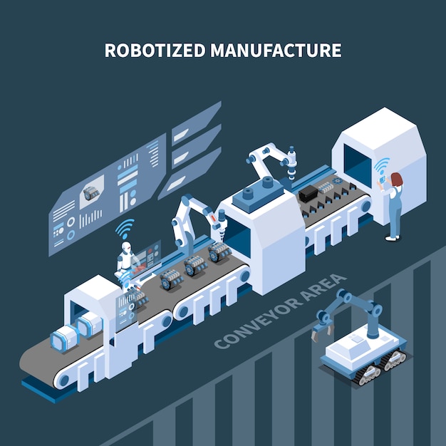 Free Vector robotized manufacturing isometric composition with automated conveyor robotic equipment interface elements of control panel