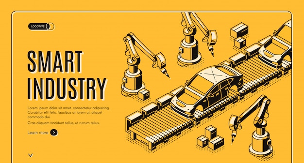 Free Vector robots hands assemble car on conveyor belt process banner