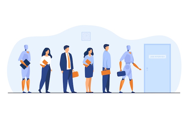 Robots and human candidates waiting in line for job interview. Businessmen and businesswomen competing with machines for hiring. Vector illustration for employment, business, recruitment concept