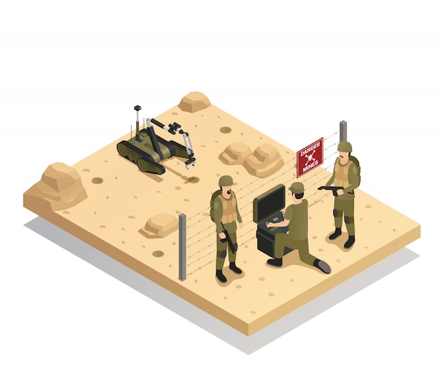 Free vector robots sapper isometric composition